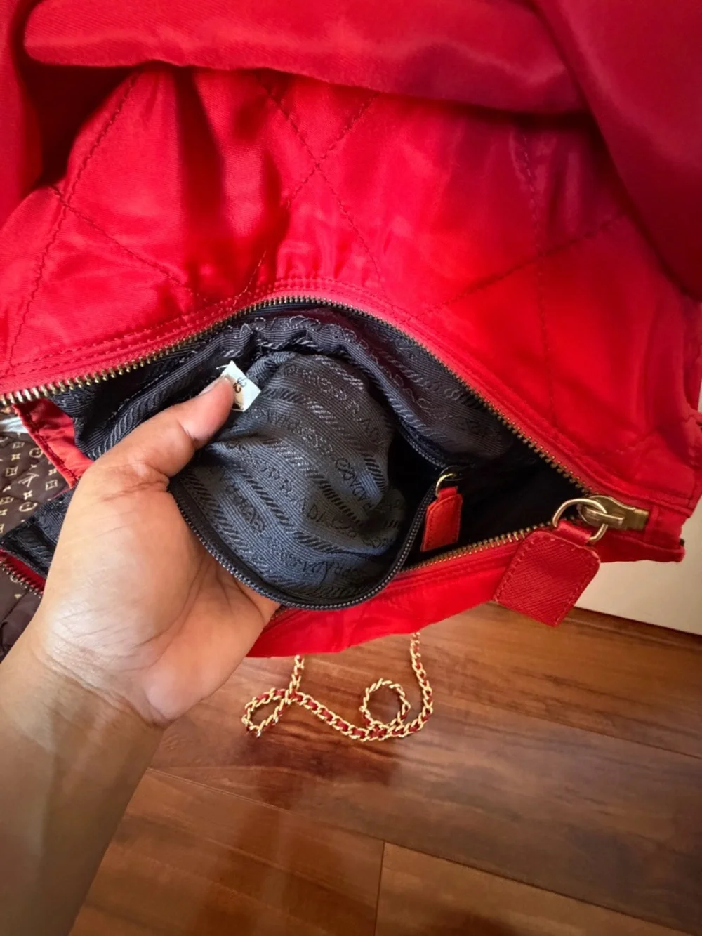 Prada Red Quilted Nylon Shoulder Bag with Gold Chain - Picture 11 of 13